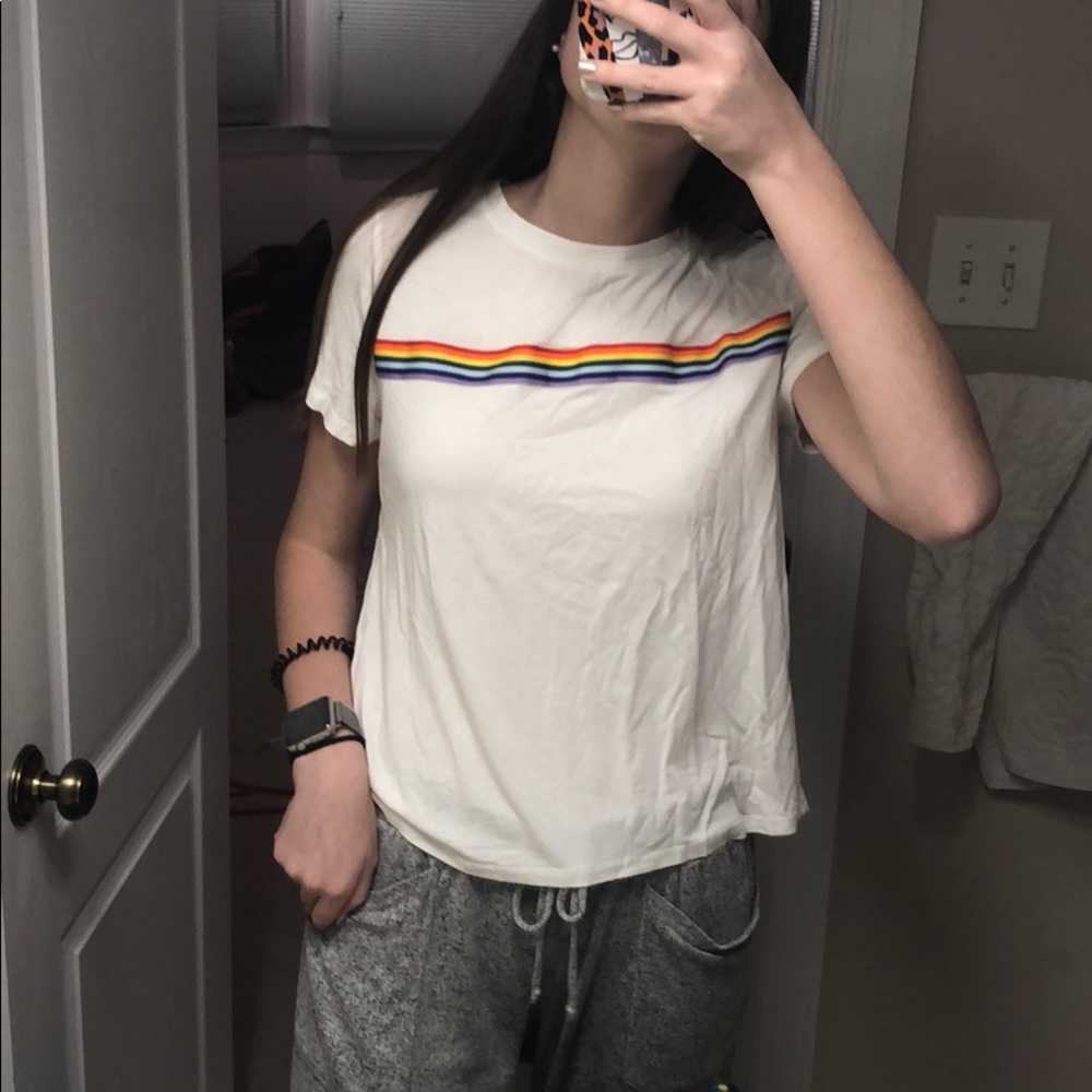 White T-shirt with rainbow stripe